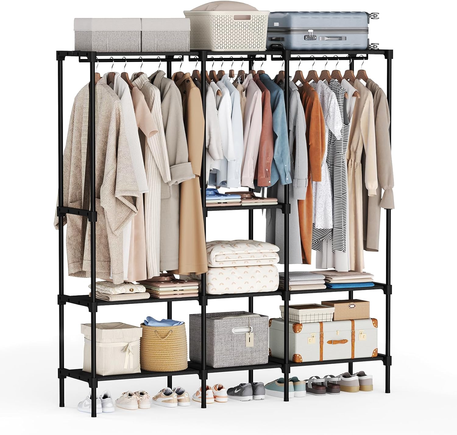 Portable Wardrobe Closet with Hanging Rods, 49 Inch Portable Clothing Rack with Shelves, Heavy Duty Clothes Rack, Freestanding Closet Organizer, 49 L x 15.7 W x 71.65 H