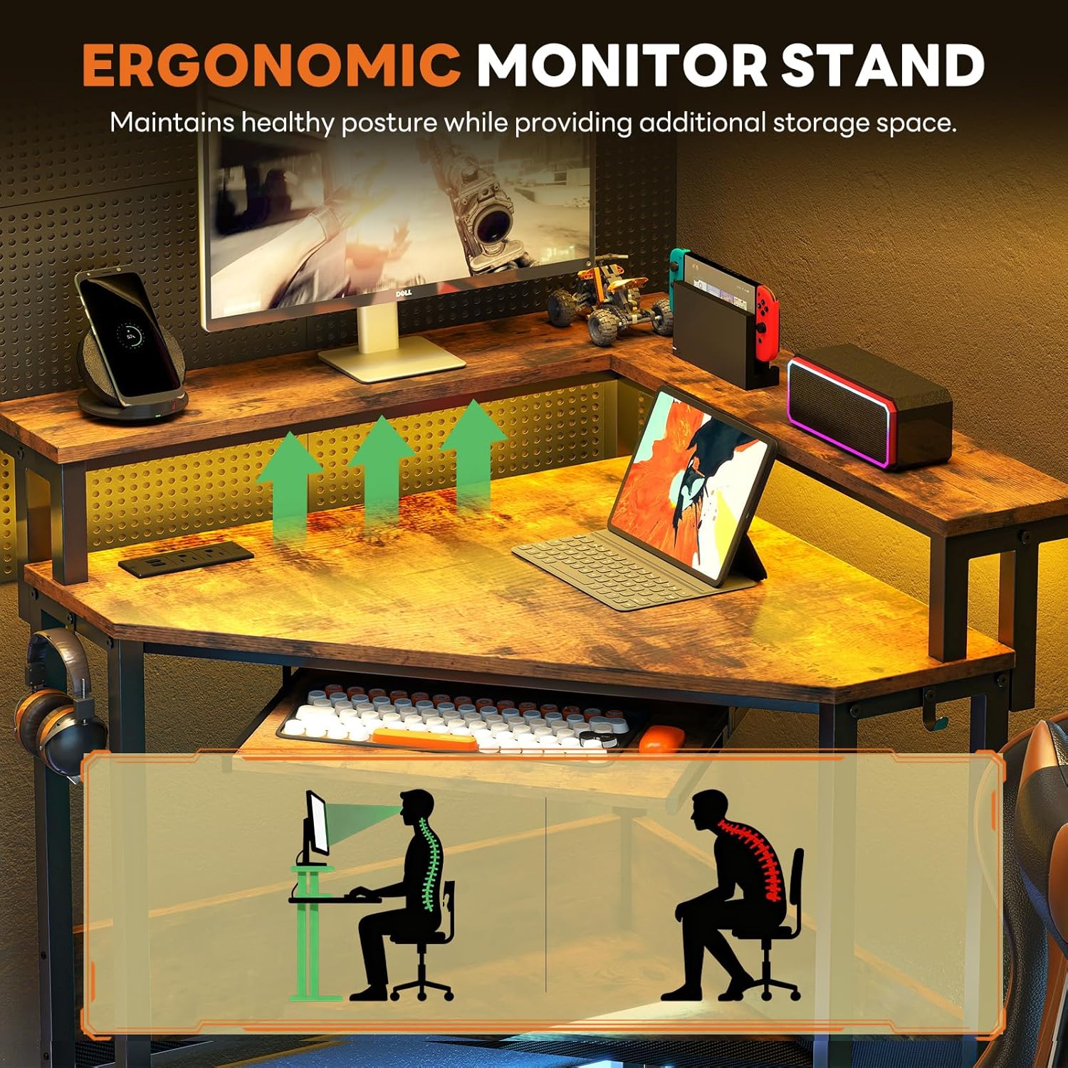 Conner Desk Home Office Computer Desk for Small Space with Storage Shelves Power Outlets Monitor Stand Keyboard Tray for Bedroom with LED Lights Gaming Table, Rustic Brown