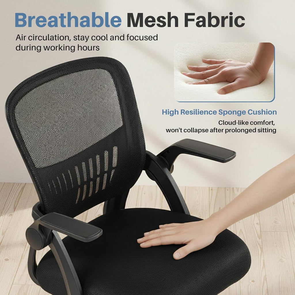 Home Office Desk Chair - Ergonomic Computer Mesh Chair with Lumbar Support & Rocking Mode, Height Adjustable, Flip-up Armrest, for Conference, Meeting Room, 360?? Swivel, Adults, Black