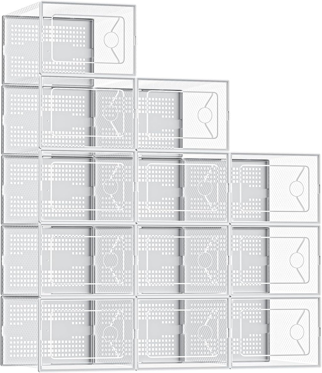 Shoe Storage Boxes, 15-Pack Stackable Clear Shoe Containers with Lids, Display Sneaker Case Organizer for Closet, Under Bed, Entryway,White (Fit Size 9)