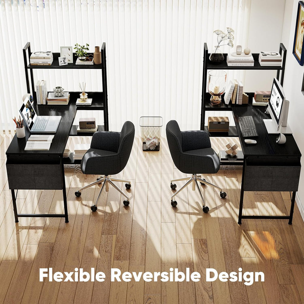 L Shaped Desk Corner Computer Table 47 Inch, L-Shaped Gaming Desks with Storage Shelf Reversible, Wood Tables with Side Bag Adjustable Feet for 2 Monitors Small Space Home Office Bedroom, Black
