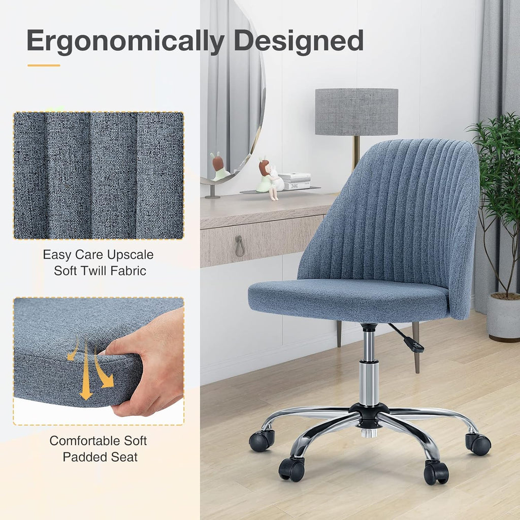 Armless Vanity Chair, Cute Comfy Home Office Desk Chair with Wheels, Modern Upholstered Task Computer Seat for Bedroom, Study, Makeup Vanity, Height Adjustable & Swivel, Blue
