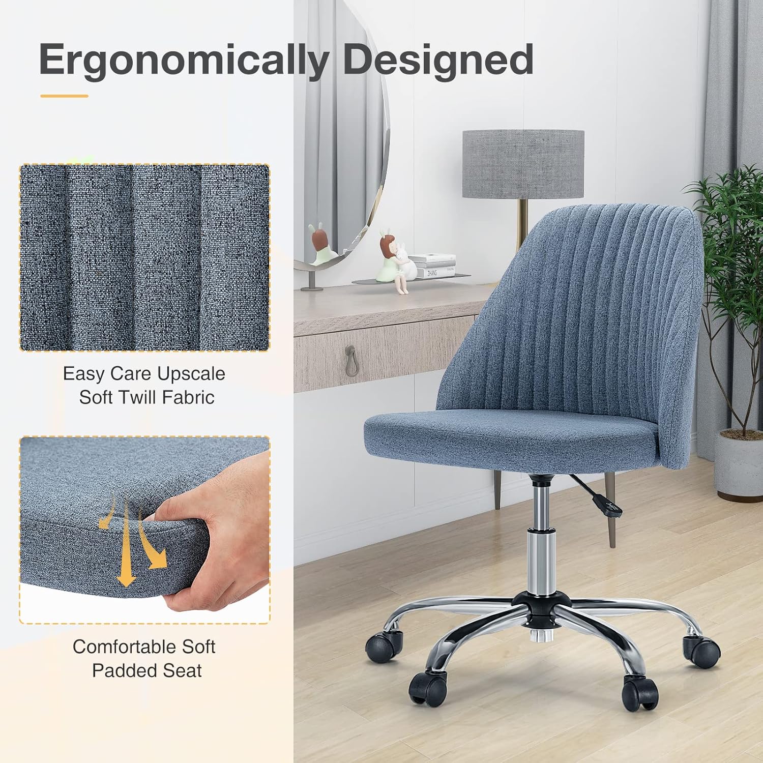 Armless Vanity Chair, Cute Comfy Home Office Desk Chair with Wheels, Modern Upholstered Task Computer Seat for Bedroom, Study, Makeup Vanity, Height Adjustable & Swivel, Blue