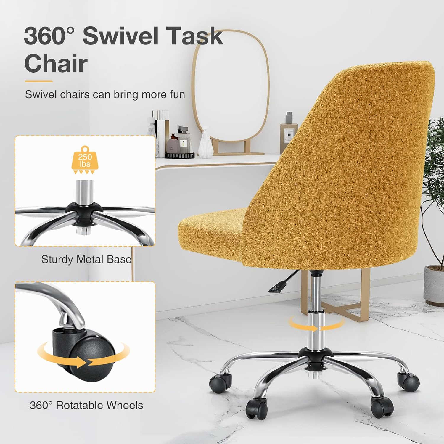 Armless Vanity Chair, Cute Comfy Home Office Desk Chair with Wheels, Modern Upholstered Task Computer Seat for Bedroom, Study, Makeup Vanity, Height Adjustable & Swivel, Yellow