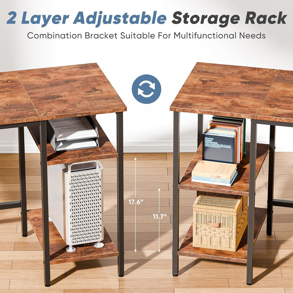 L Shaped Gaming Desk with Charging Station & 2 Monitor Stands, Computer Desk with Drawer & Adjustable Storage Shelves, Large Corner Desk for Home Office, 62 Inch Rust Wood