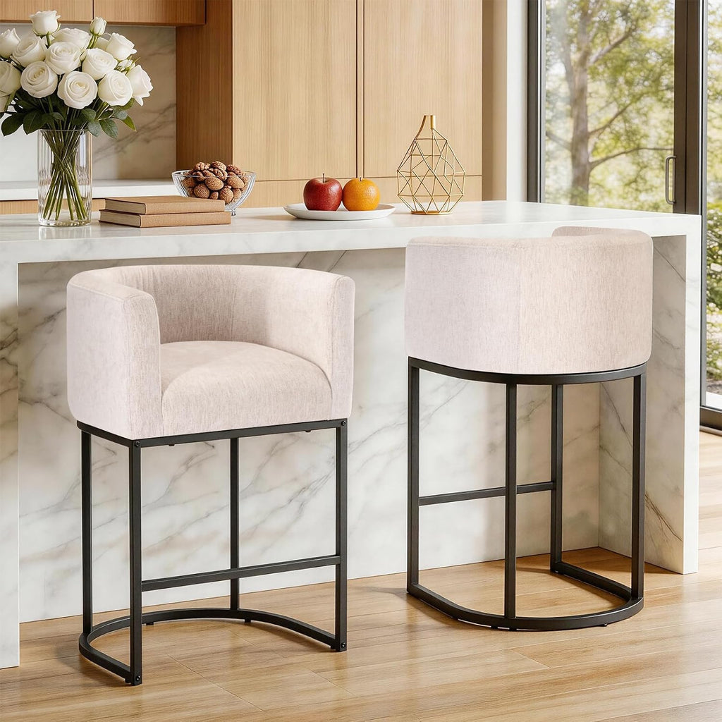 Barrel Bar Stools Set of 2, Modern Counter Height Barstools with Linen Fabric Upholstered Seat, 350lbs Capacity Kitchen Island Chair, Bar Stools with Metal Sled Base and Footrest, Light Grey