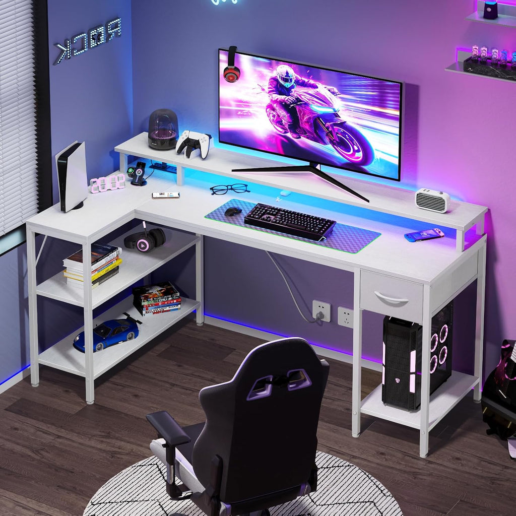 53?? Gaming Desk with USB Charging Ports & LED Lights, Reversible L Shaped Desks Computer Corner Gamer Table with Power Outlets Monitor Stand Storage Shelves for Home Office Small Space, White