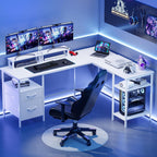 62 Inch L Shaped Gaming Desk with Charging Station & 2 Monitor Stands, Computer Desk with Drawer & Adjustable Storage Shelves, Large Corner Desk for Home Office, White