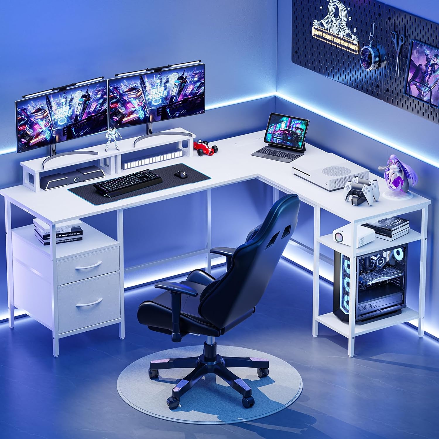 62 Inch L Shaped Gaming Desk with Charging Station & 2 Monitor Stands, Computer Desk with Drawer & Adjustable Storage Shelves, Large Corner Desk for Home Office, White