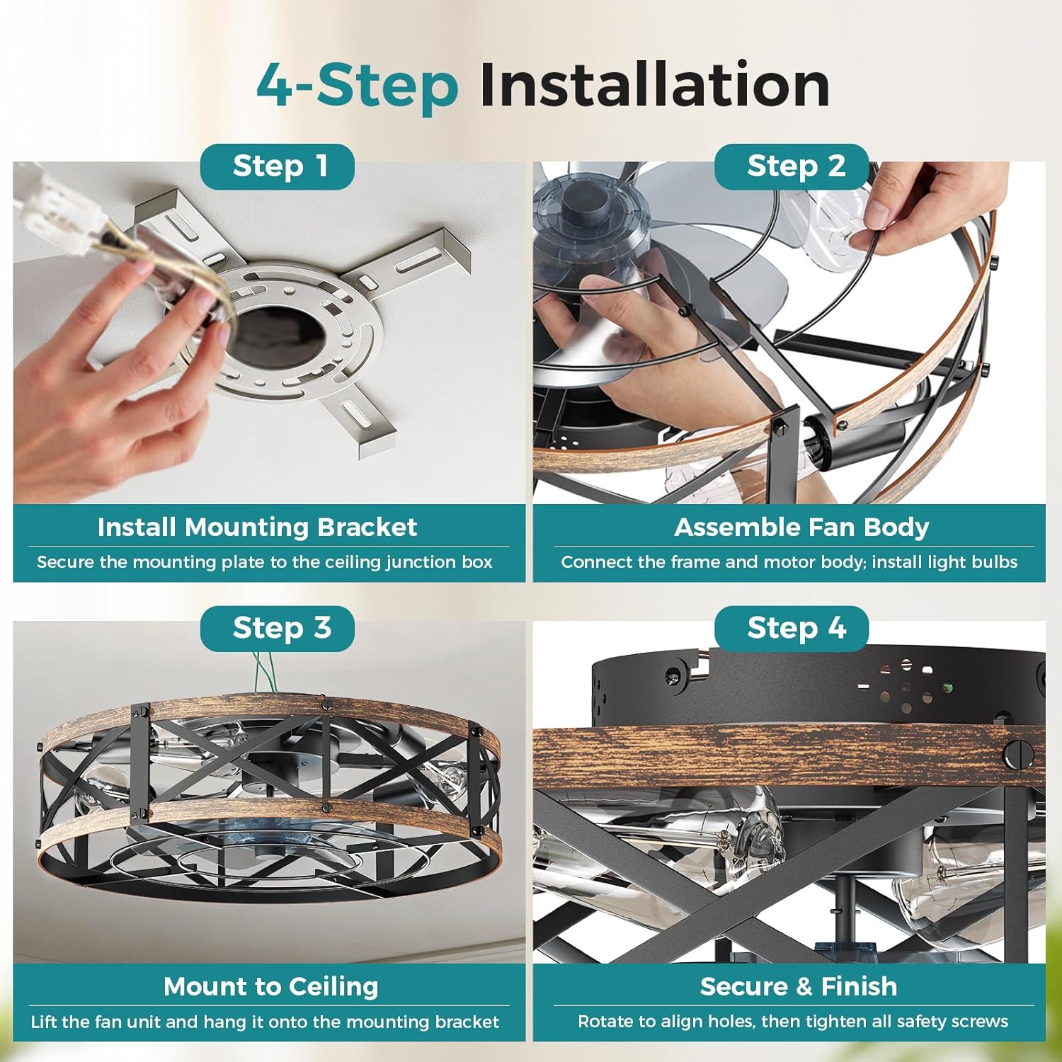 Ceiling Fans with Remote, Farmhouse Ceiling Fan, 22 Inch Low Profile Caged Fandelier, Flush Mount with 6 Wind Speeds, for Bedroom, Kitchen, Living Room, Bulbs Not Included, Gold