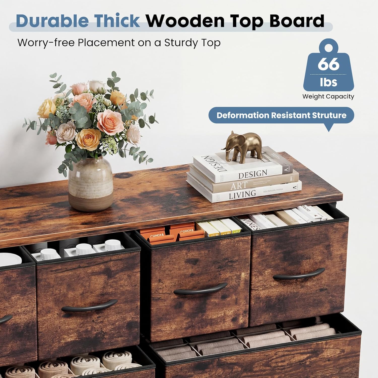 TV Stand for Bedroom, Dresser with 10 Drawers, Fabric Units of Drawers with Metal Frame and Wood Top, Living Room Storage Organizers Units for Books, TV and Other Items, Dark Rust