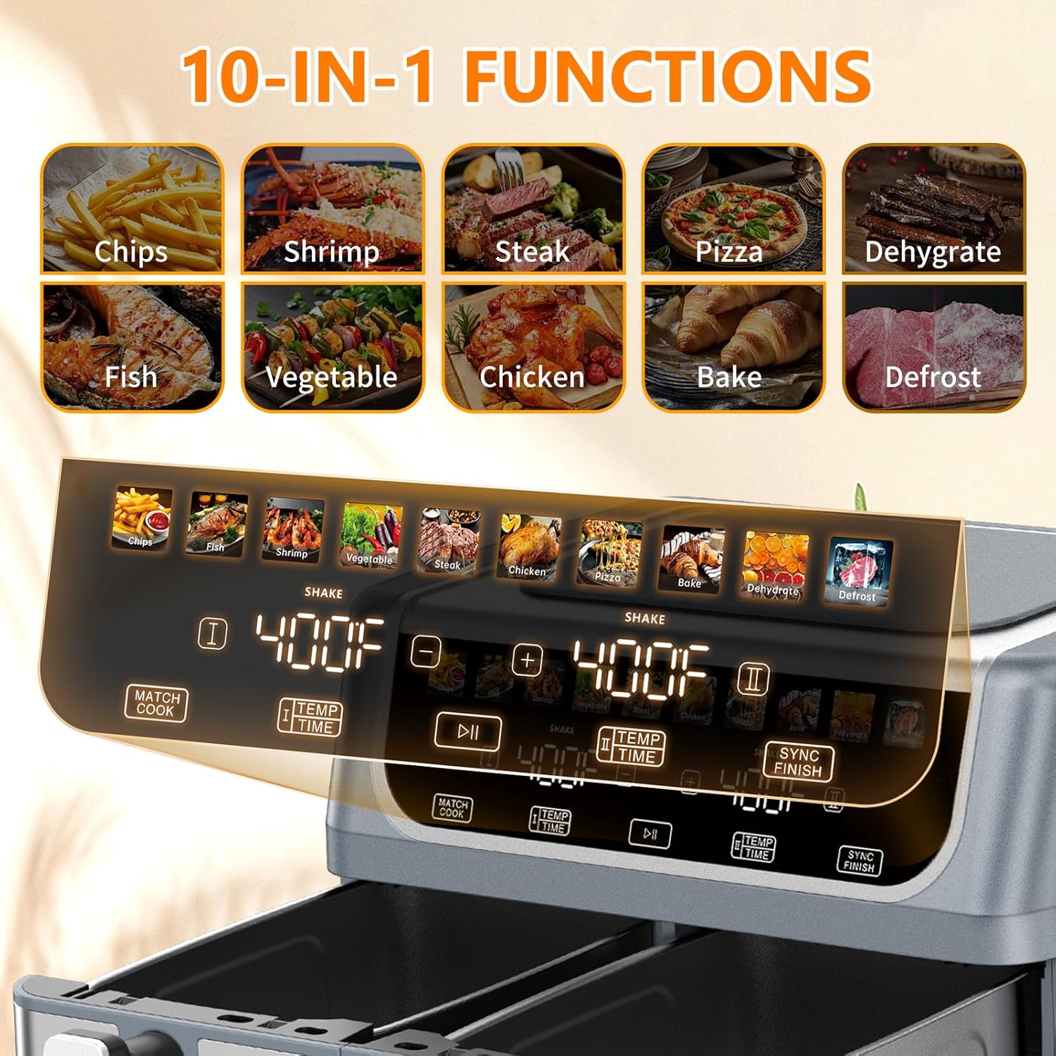 Dual Basket Air Fryer, 9.5 Quart Large Air Fryer with Double Basket, Independent TEMP Control, Sync Setting, Shake Reminder, 10 Presets for Bake, Broil, Defrost, Dehydrate, Grey