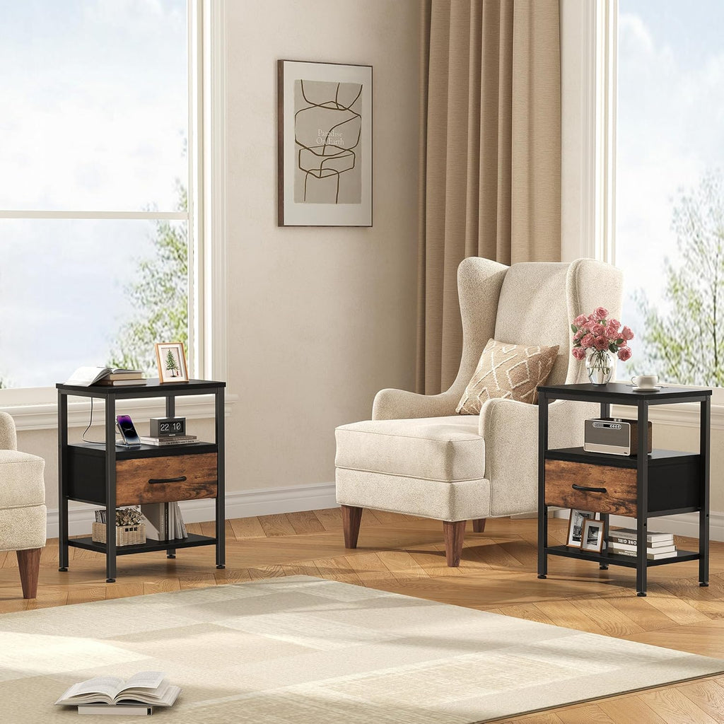 Nightstands Set of 2 with Charging Station, Bedside Table with USB Ports & Type-C, 2 Fabric Drawers Night Stand with Open Shelf, Compact End Table for Bedroom, Rustic Brown