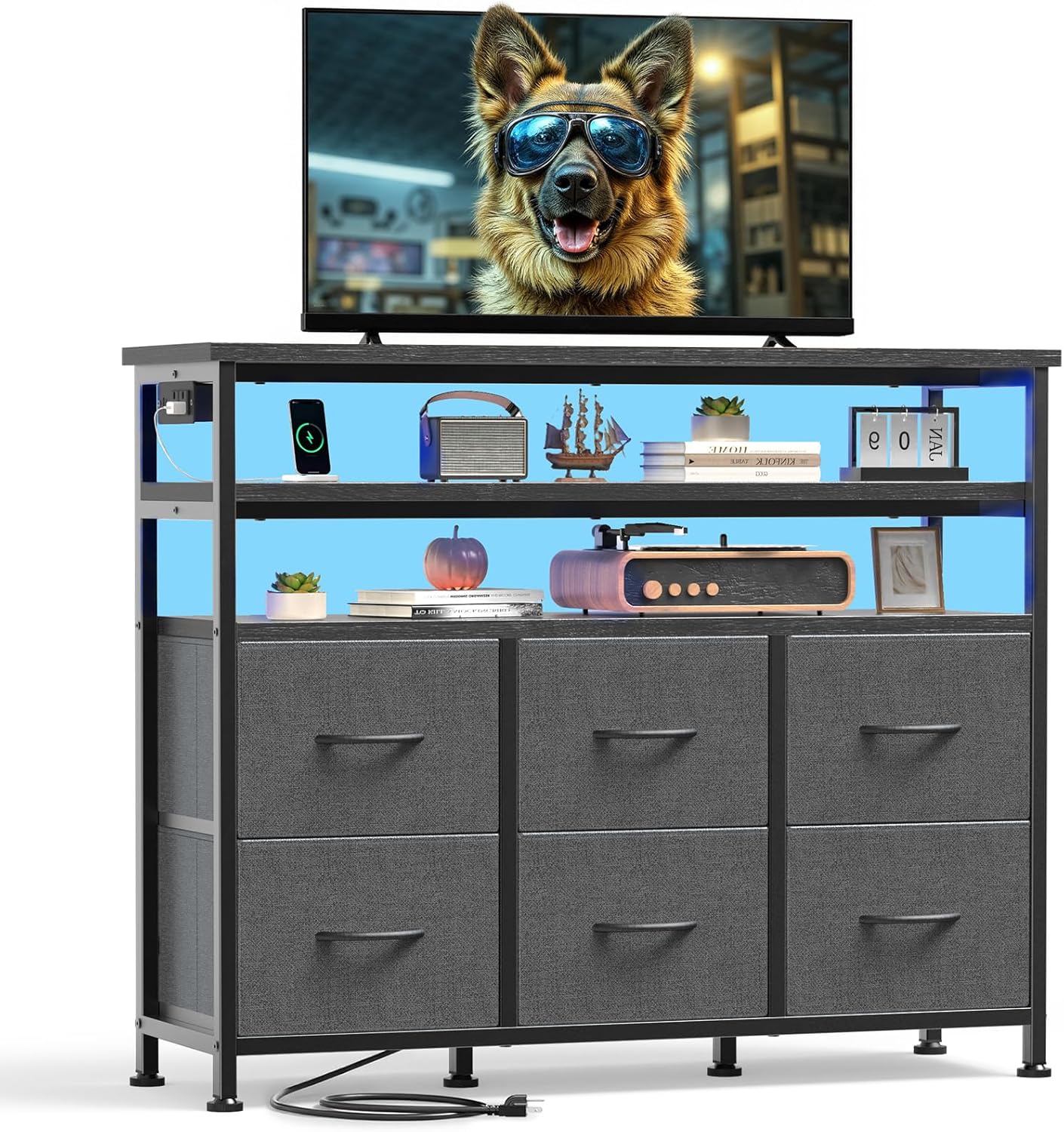 TV Stand Dresser with 8 Fabric Drawers and Open Shelves, LED Entertainment Center with Charging Station, Wood Top Media Console for 45-55 inch, Bedroom, Greige Oak