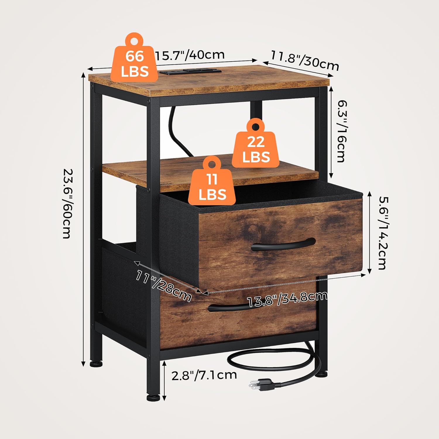 Nightstand with Charging Station, Bedside Table with USB Ports & Type-C, 2 Fabric Drawers Night Stand with Open Shelf, Compact End Table for Bedroom, Rustic Brown