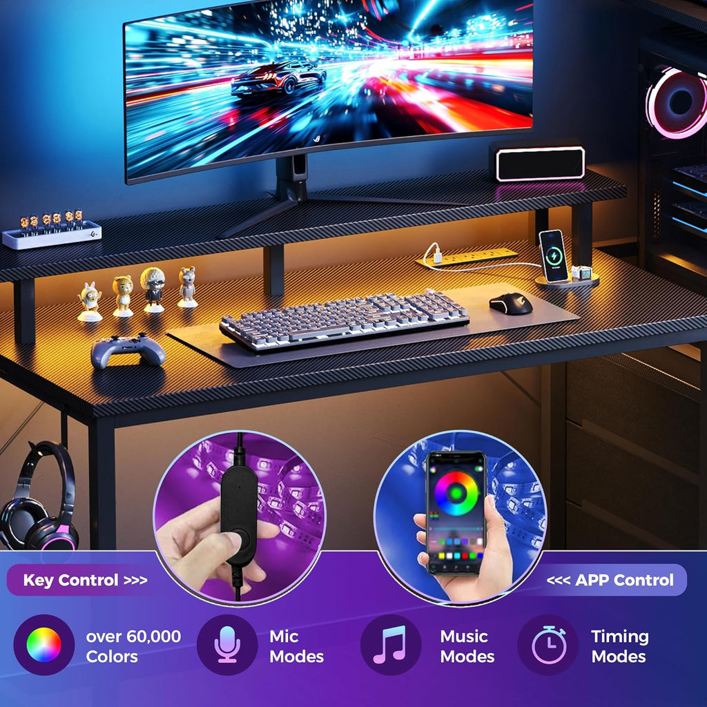 L Shaped Gaming Desk with Shelves Storage Drawers 52'', Black Computer Desks with LED Lights Power Outlets, Office Wood Table with PC Stand Cable Management for Bedroom Dual Monitor Streaming