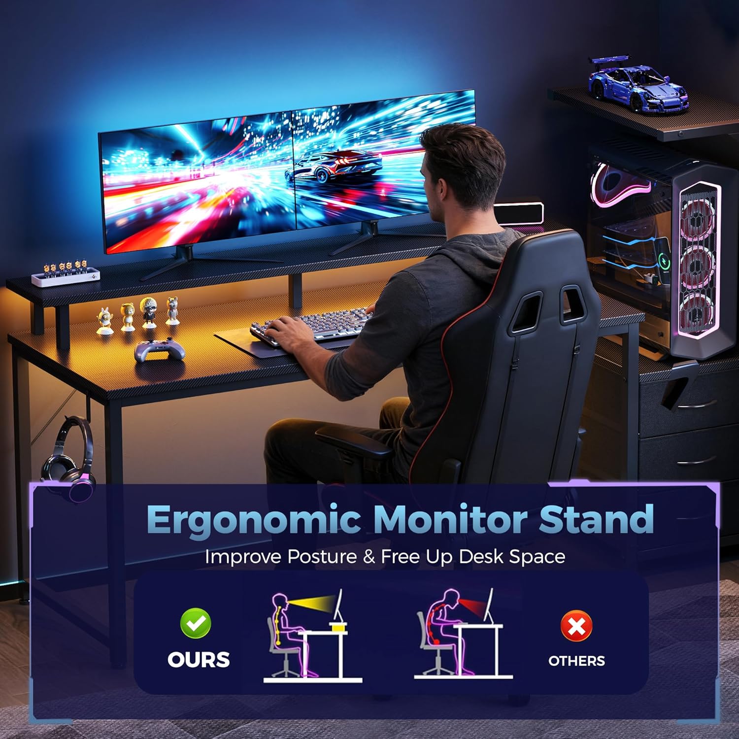 L Shaped Gaming Desk with Shelves Storage Drawers 58'', Black Computer Desks with LED Lights Power Outlets, Office Wood Table with PC Stand Cable Management for Bedroom Dual Monitor Streaming