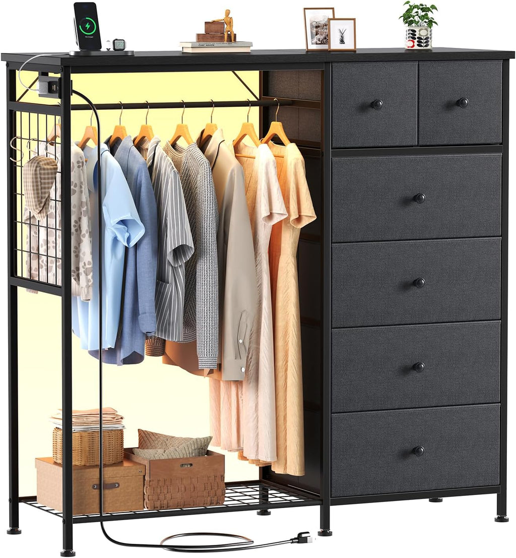 Dresser with Hanging Rack, 4-in-1 White Fabric Dresser for Bedroom, Closet Organizer with Clothes Rack, Shoe Rack & Hooks, Tall Storage Tower for Small Spaces, Apartment, Dorm, Entryway