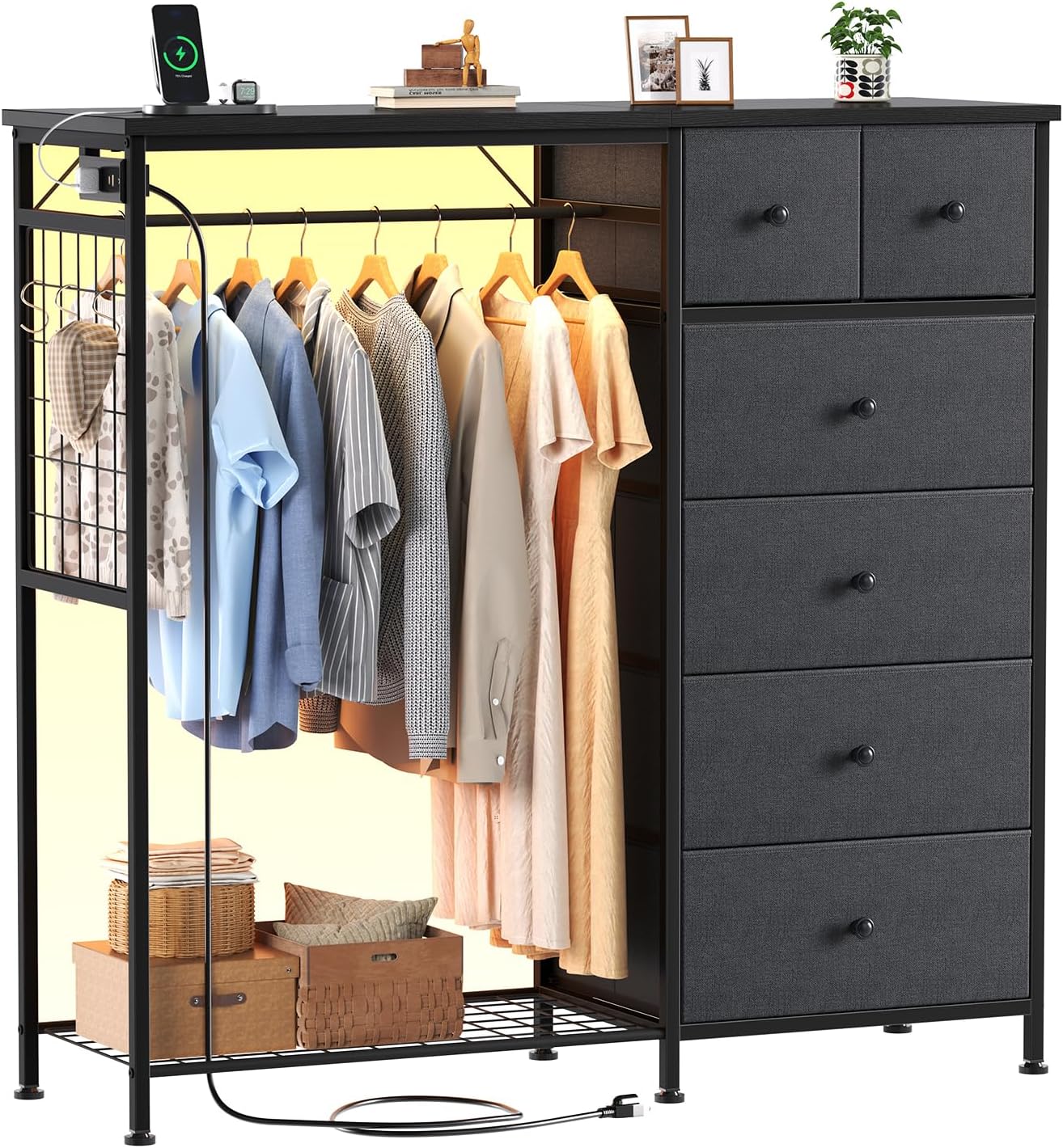 Dresser for Bedroom with Hanging Rack, 6 Drawer Fabric Dresser with Charging Station and LED Lights, Closet Organizer & Storage Tower for Living Room, Entryway, Apartment, Pink