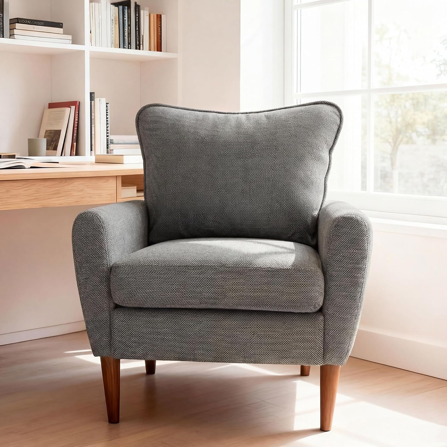 Comfy Accent Chair for Living Room Bedroom and Waiting Room, Upholstered Mid-Century Reading Chair with Pillow and Solid Wood Legs, Wide Singe Modern Lounge Sofa (Gray, 2 Pack)