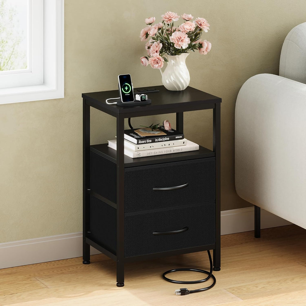 Nightstand with Charging Station, Bedside Table with USB Ports & Type-C, 2 Fabric Drawers Night Stand with Open Shelf, Compact End Table for Bedroom, Black