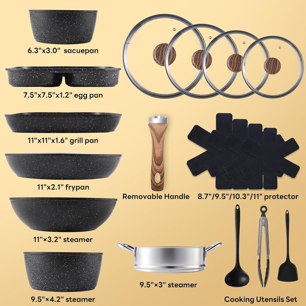 17 Pcs Pots and Pans Set, Nonstick Kitchen Cookware Set, Induction Cooking Sets with Stay-Cool Handles, Black