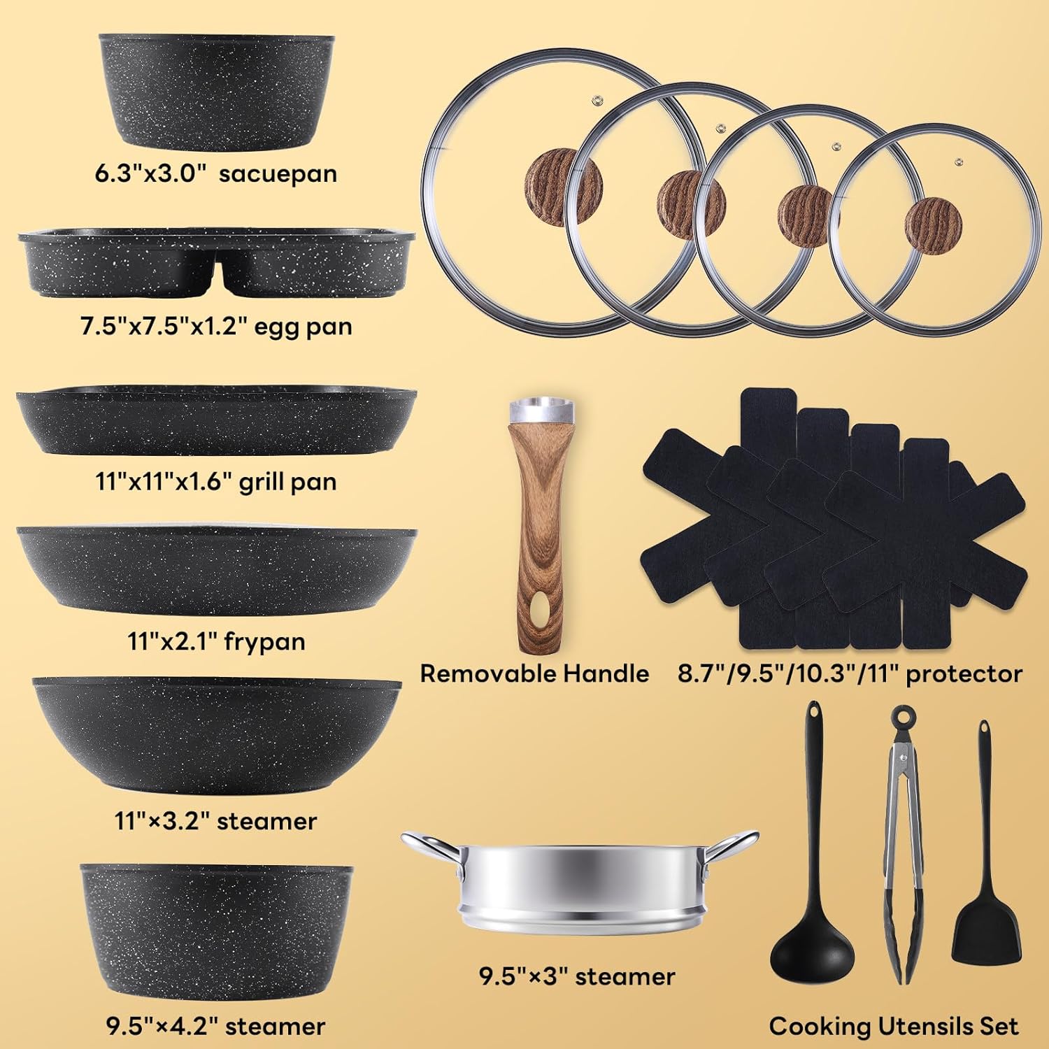 17 Pcs Pots and Pans Set, Nonstick Kitchen Cookware Set, Induction Cooking Sets with Stay-Cool Handles, Black
