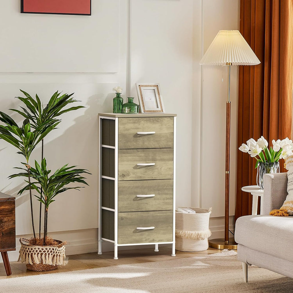 Nightstand with 4 Drawers Bedside Table with Removable Fabric Bins Sturdy Steel Frame Wood Top Organizer Furniture for Bedroom Closet Living Room,Oak Greige
