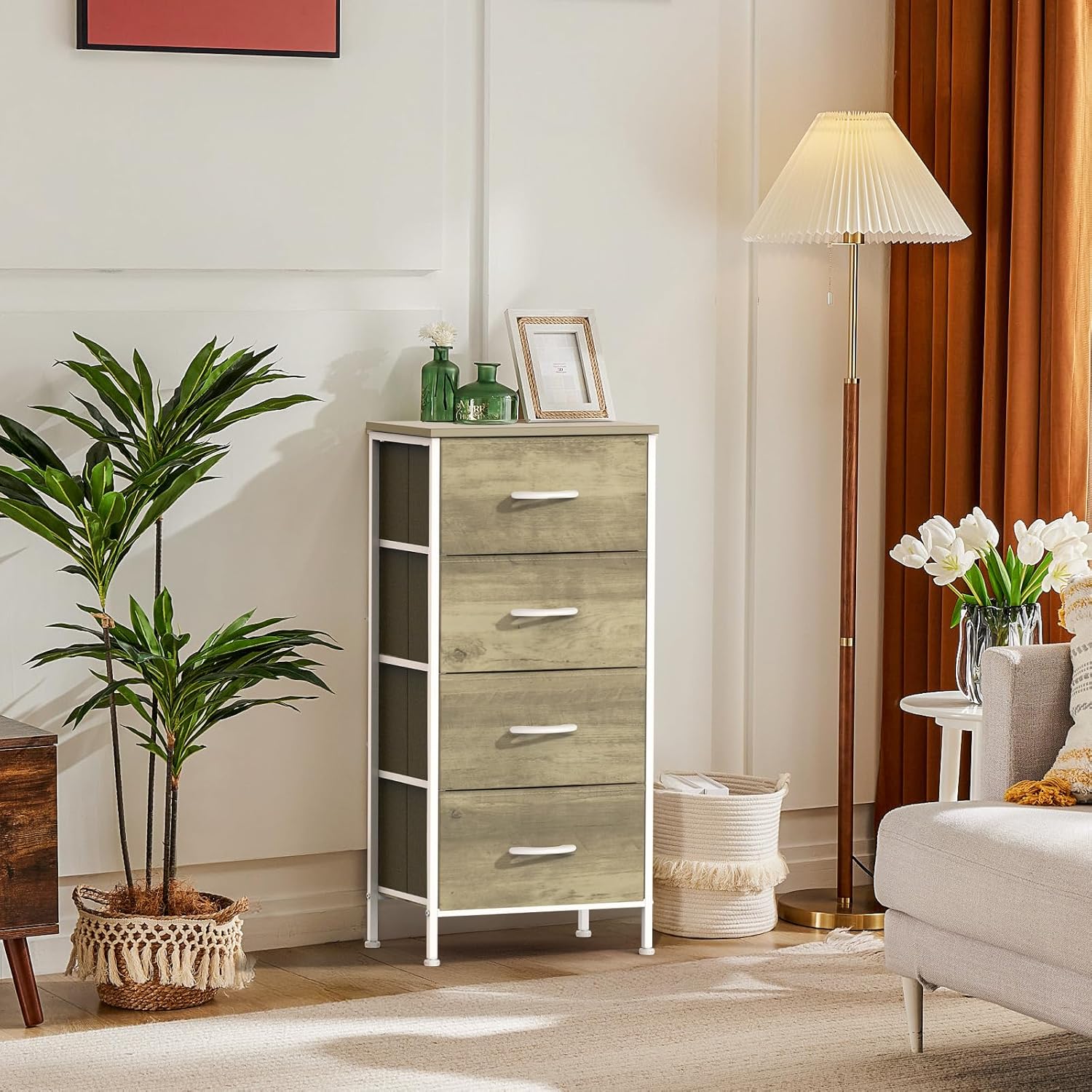 Nightstand with 4 Drawers Bedside Table with Removable Fabric Bins Sturdy Steel Frame Wood Top Organizer Furniture for Bedroom Closet Living Room,Oak Greige