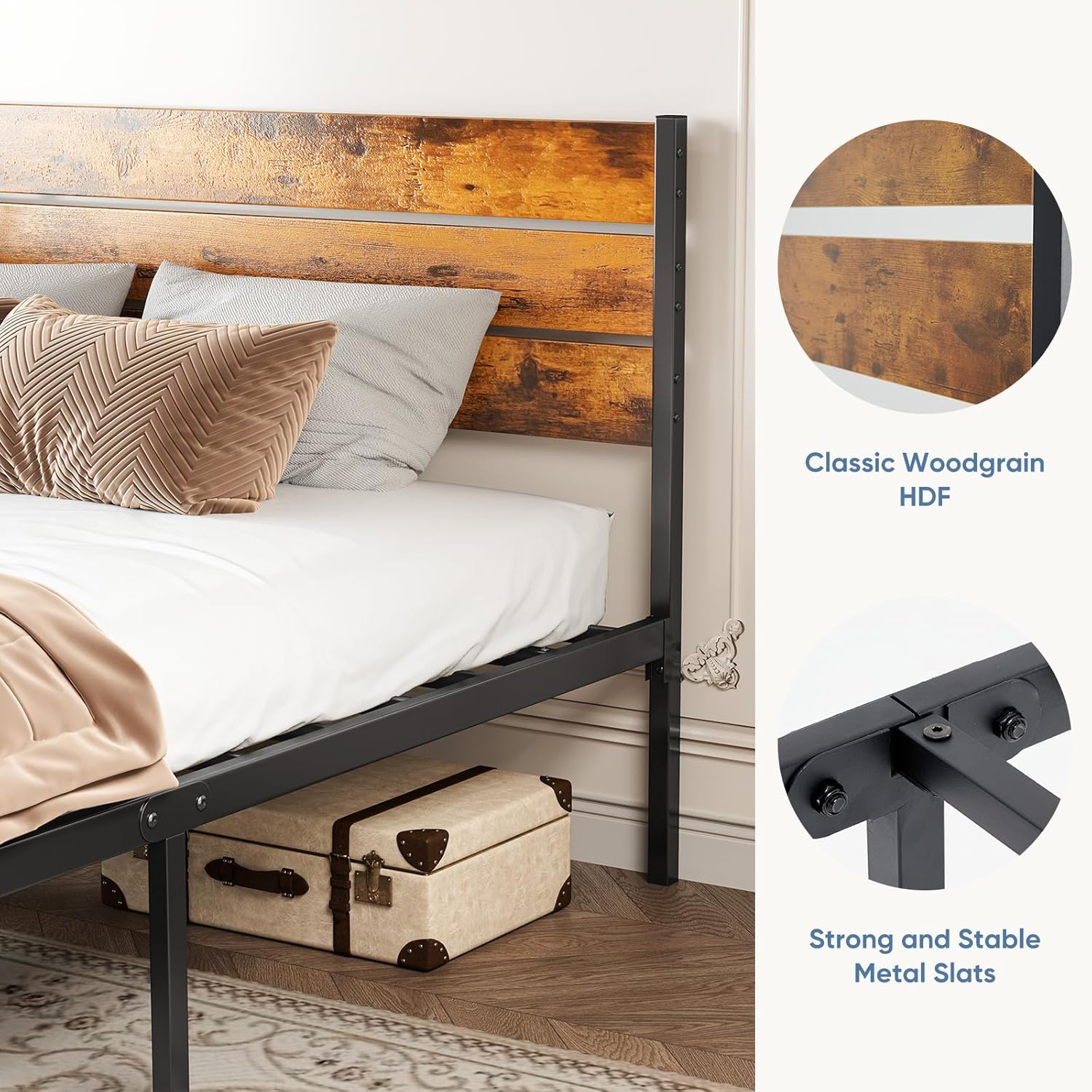 Queen Size Bed Frame with Headboard, 800LBS Mattress Foundation with All Sturdy Metal Support, Under Bed Storage, No Box Spring Needed, Easy Assembly, Rust Brown