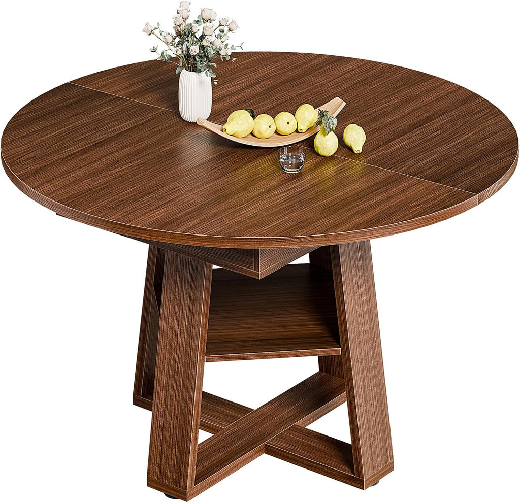 Extendable Round Dining Table for 4-8, Modern Kitchen Oval Dinner Table with Storage Shelf, Wood Pedestal Table, Space Saving Modern Style, Brown