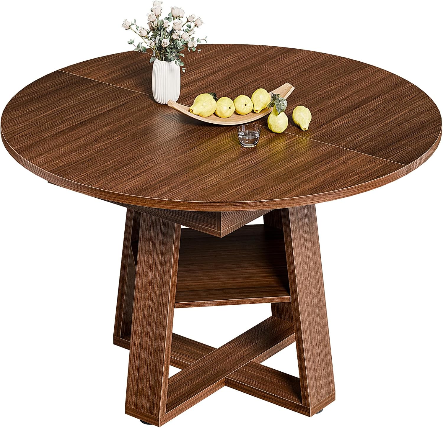 Extendable Round Dining Table for 4-8, Modern Kitchen Oval Dinner Table with Storage Shelf, Wood Pedestal Table, Space Saving Modern Style, Brown
