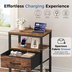 Nightstands Set of 2 with Charging Station, Bedside Table with USB Ports & Type-C, 2 Fabric Drawers Night Stand with Open Shelf, Compact End Table for Bedroom, Rustic Brown