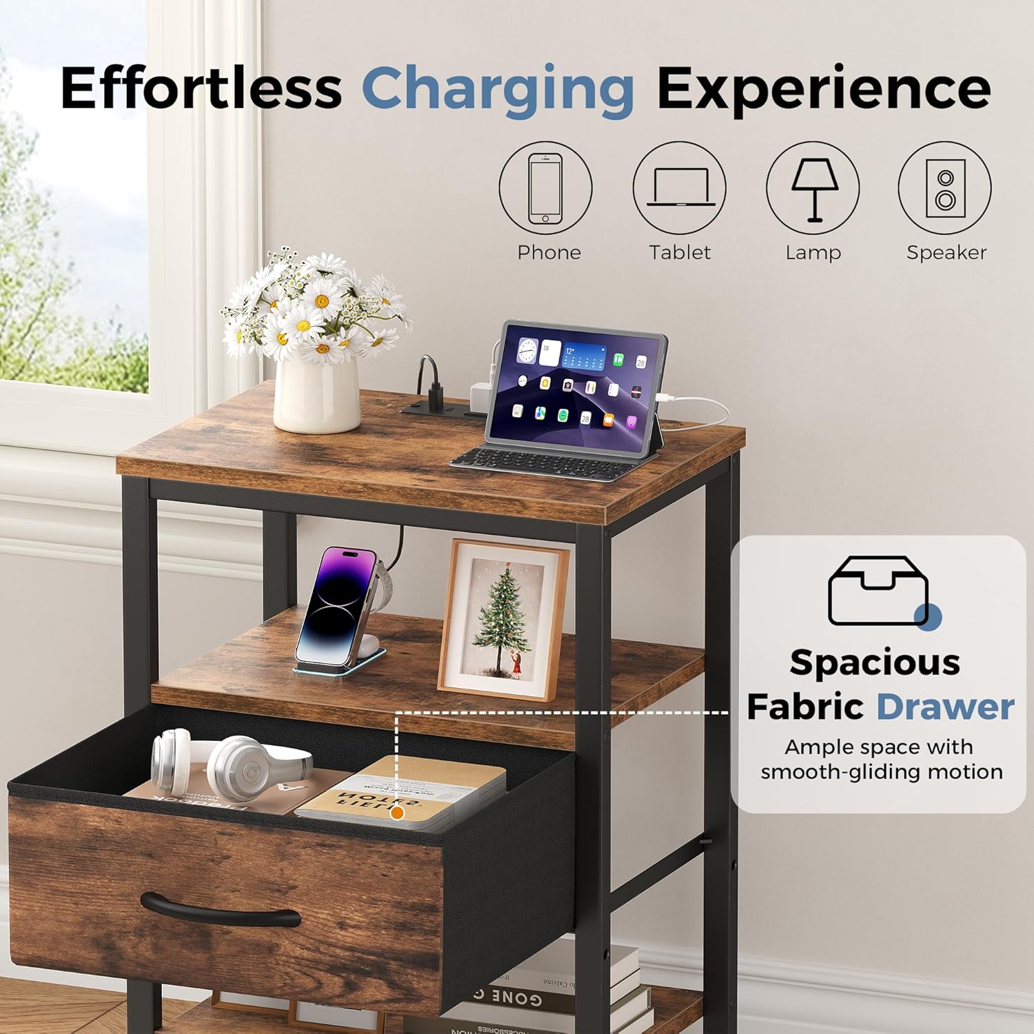 Nightstands Set of 2 with Charging Station, Bedside Table with USB Ports & Type-C, 2 Fabric Drawers Night Stand with Open Shelf, Compact End Table for Bedroom, Rustic Brown