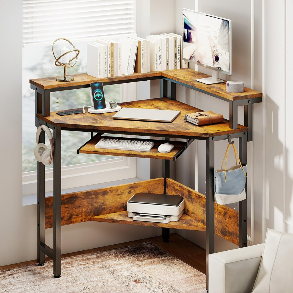 Conner Desk Home Office Computer Desk for Small Space with Storage Shelves Power Outlets Monitor Stand Keyboard Tray for Bedroom with LED Lights Gaming Table, Rustic Brown