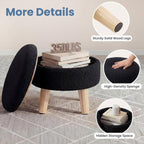 Round Storage Ottoman with Reversible Tray Lid, Multi-Functional Footrest, Teddy Velvet Footstool with Wood Legs, Small Coffee Table for Living Room, Bedroom, Black