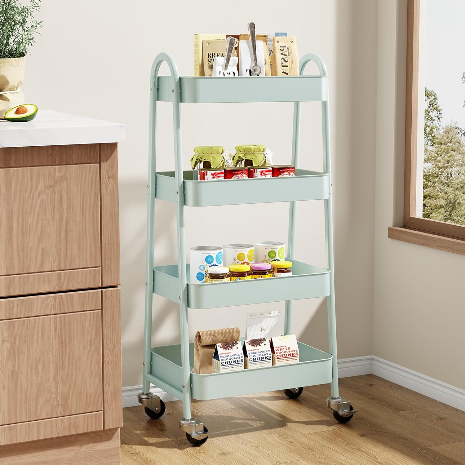 4-Tier Metal Rolling Cart with Lockable Wheels - Mobile Storage Organizer, Utility Shelving Unit for Kitchen, Office, Bathroom, Laundry, Narrow Places, Green