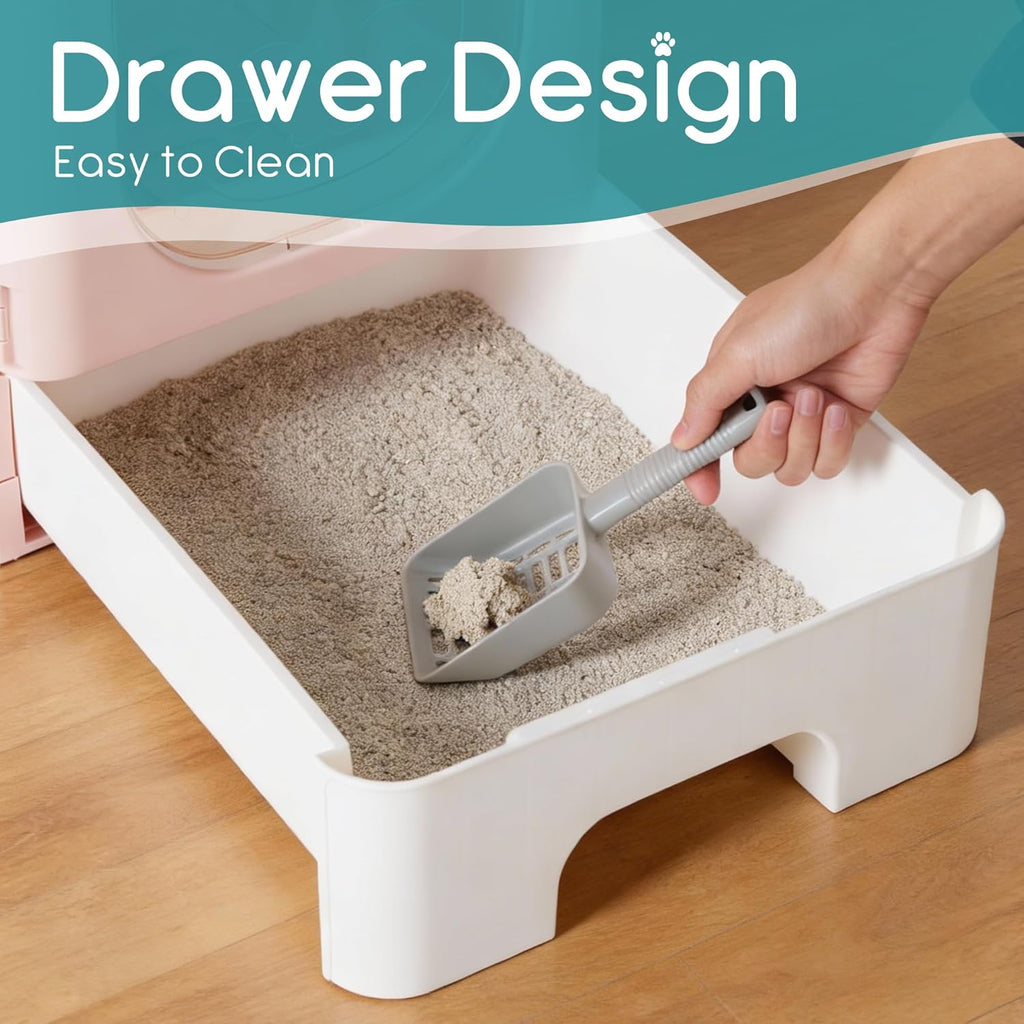 Cat Litter Box with Lid, Large Foldable Cat Box with Litter Scoop, Front Entry Top Exit Kitty Litter Box with Door, Easy Cleaning Drawer Design Odor Control, Pink