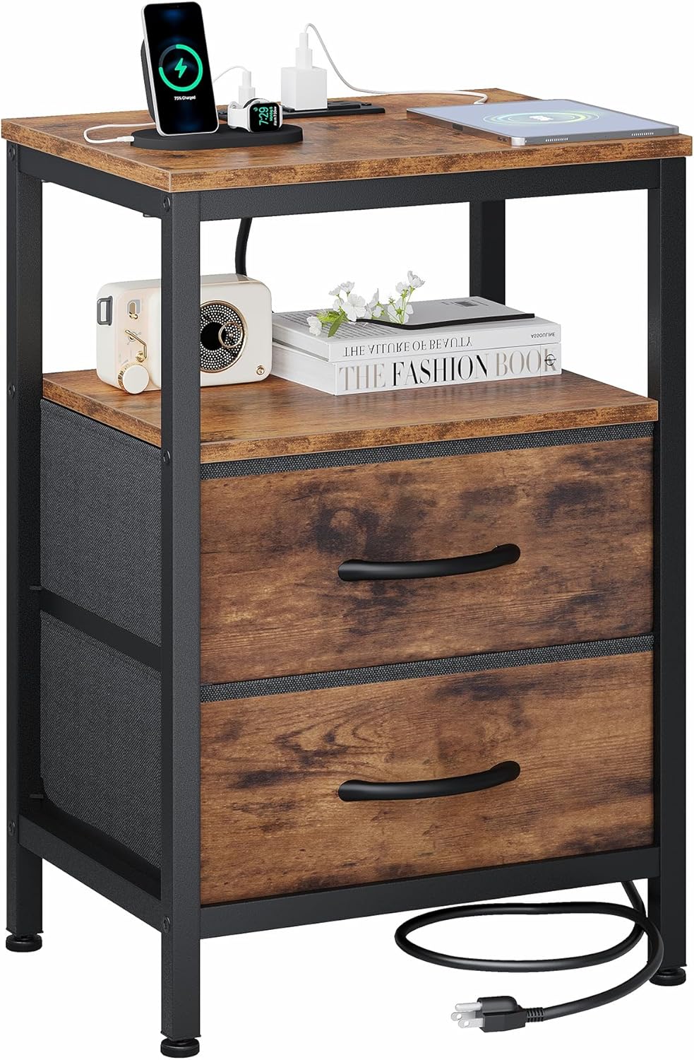 Nightstands Set of 2 with Charging Station, Bedside Table with USB Ports & Type-C, 2 Fabric Drawers Night Stand with Open Shelf, Compact End Table for Bedroom, White