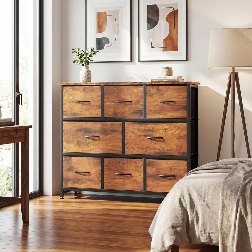 TV Stand, Dresser with 8 Fabric Drawers, Spacious Storage Tower for Closet, TV Stand with Wood Top and Mental Frame, Storage Unit for Living Rooms, Bedroom and Entryway, Brown