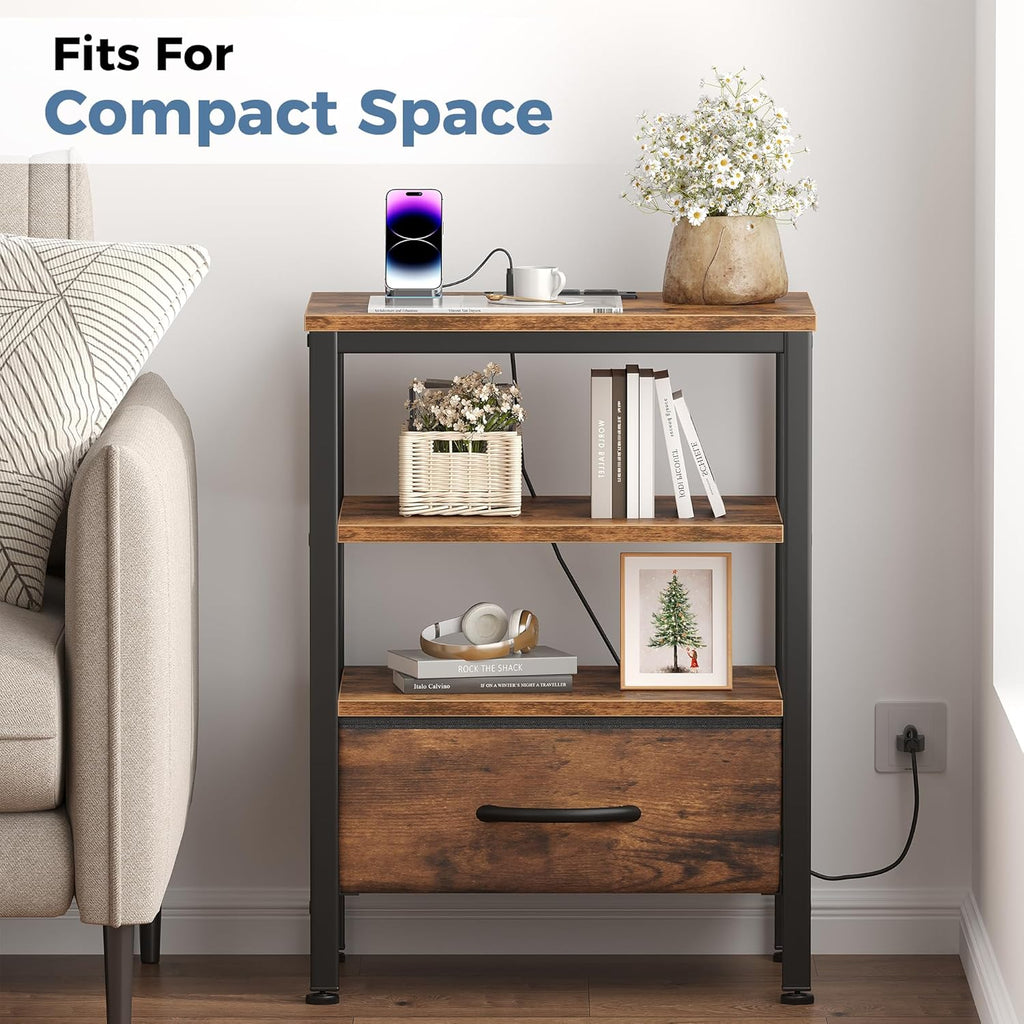 Nightstands Set of 2 with Charging Station, Bedside Table with USB Ports & Type-C, 2 Fabric Drawers Night Stand with Open Shelf, Compact End Table for Bedroom, Rustic Brown