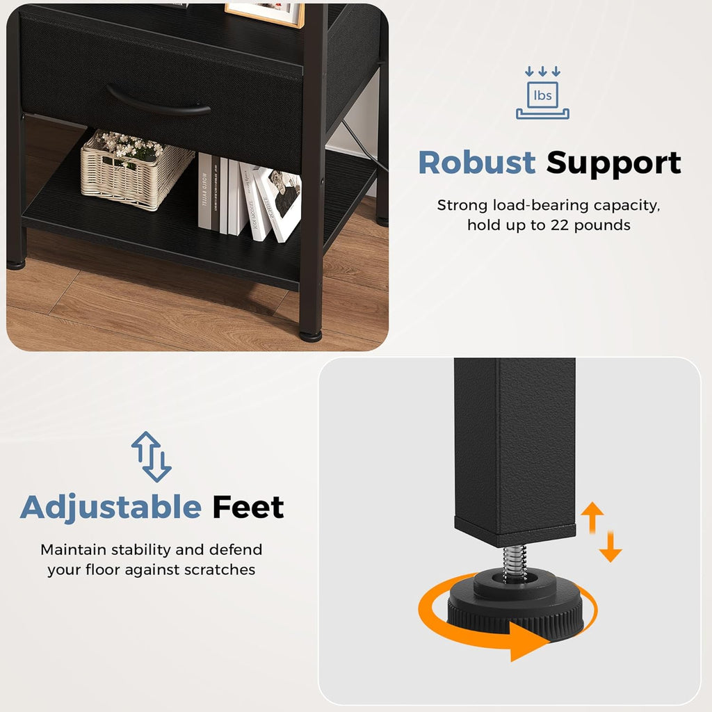 Nightstands Set of 2 with Charging Station, Bedside Table with USB Ports & Type-C, 2 Fabric Drawers Night Stand with Open Shelf, Compact End Table for Bedroom, Rustic Brown