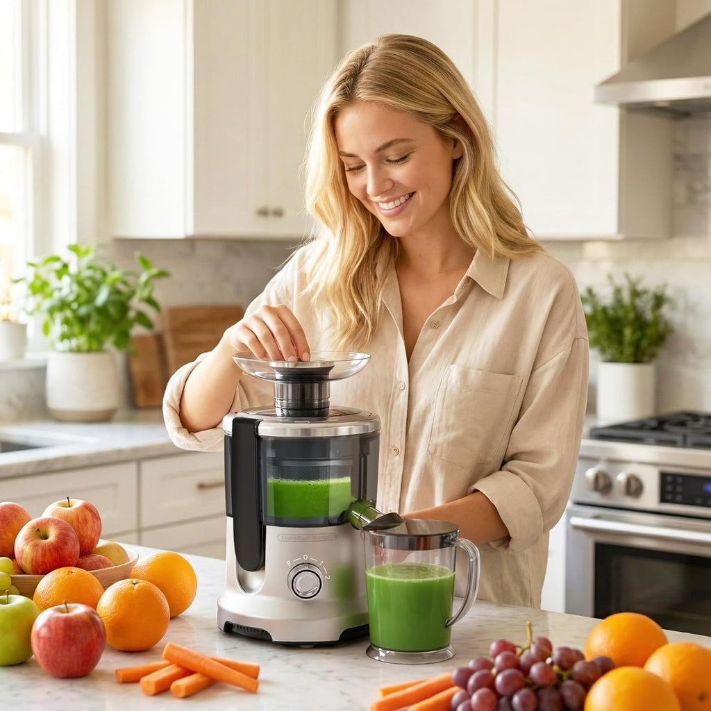 Centrifugal Juicer Machines, 500W Juice Extractor with 2 Feed Chute and Pallet for Vegetable and Fruit, Electric Juicer with 3 Speed Quick Juicing, Easy to Clean, BPA-Free, Silver