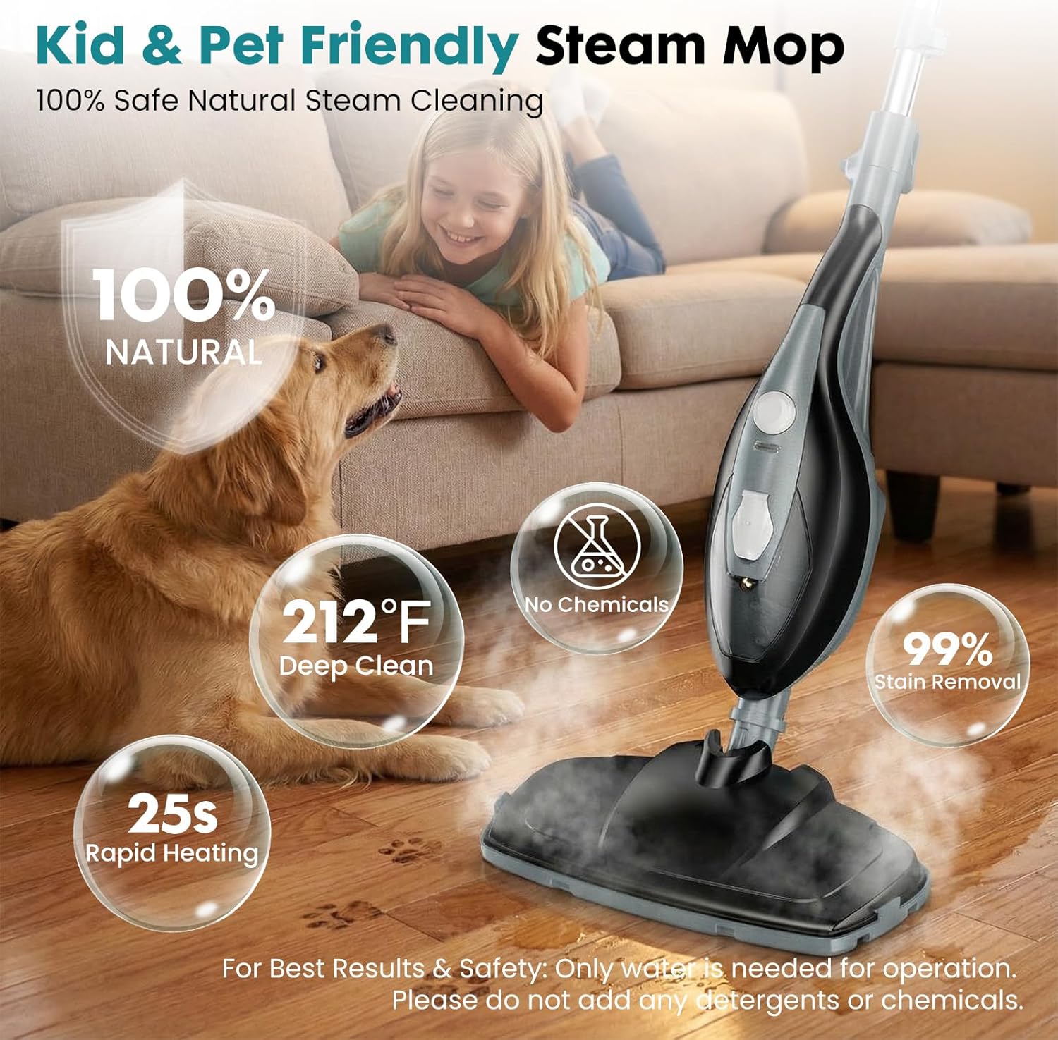 10-in-1 Steam Mop, 1550W Detachable Handheld Steam Cleaner for Floor Cleaning, 16FT Cord, 2 Washable Pads, Multi-Purpose Floor Steamer for Hardwood, Carpet, Tile, Grout, Windows, Black Grey