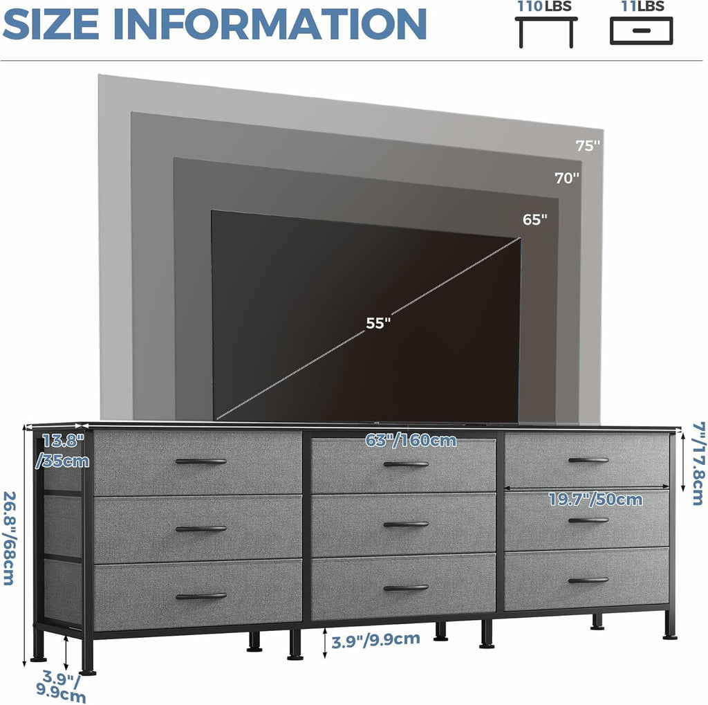 TV Stands for Living Room Furniture with 9 Fabric Drawers, Long Entertainment Center Up to 75 Inch TV, Media Console Table with Storage for Bedroom, Adjustable Feet, Grey.