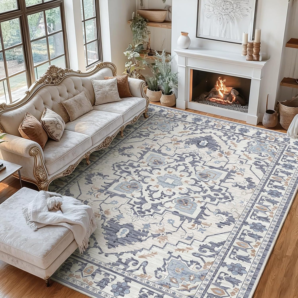 9x12 FT Large Area Rug for Living Room, Machine Washable Low-Pile Rug with Non-Slip Backing, Durable Edge Binding for Bedroom, Dining Room, Vintage Beige