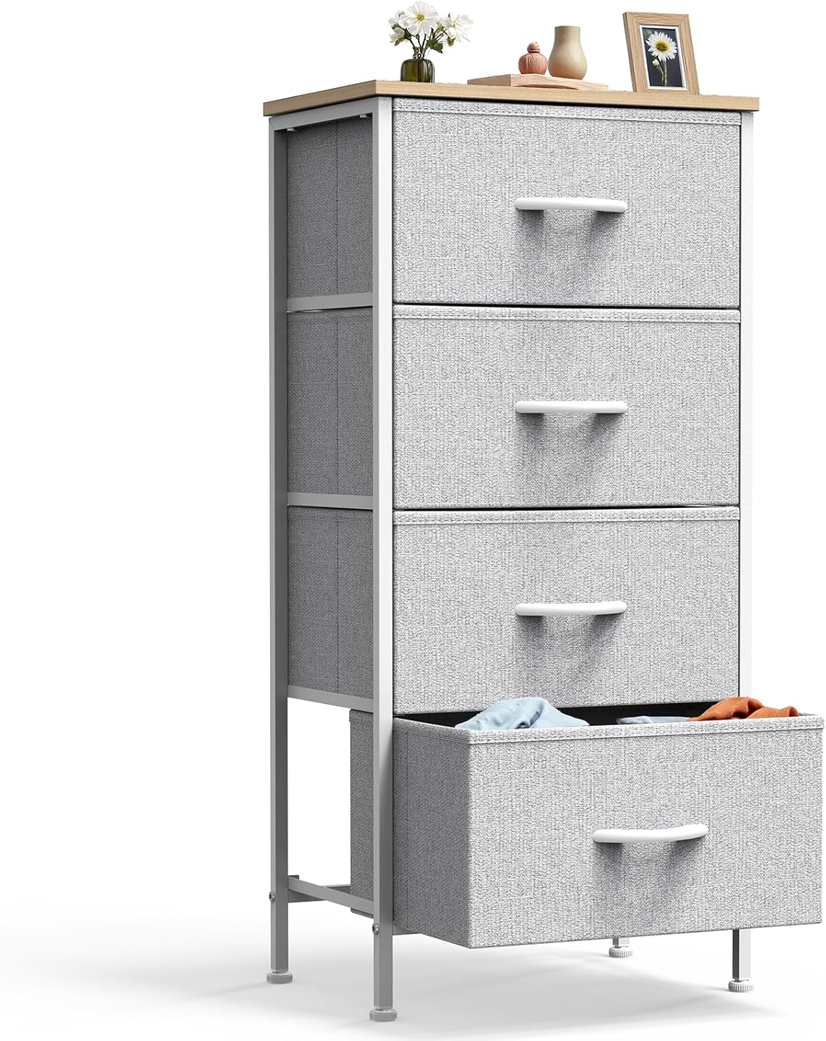 Nightstand with 4 Drawers Bedside Table with Removable Fabric Bins Sturdy Steel Frame Wood Top Organizer Furniture for Bedroom Closet Living Room,Black Wood Grain