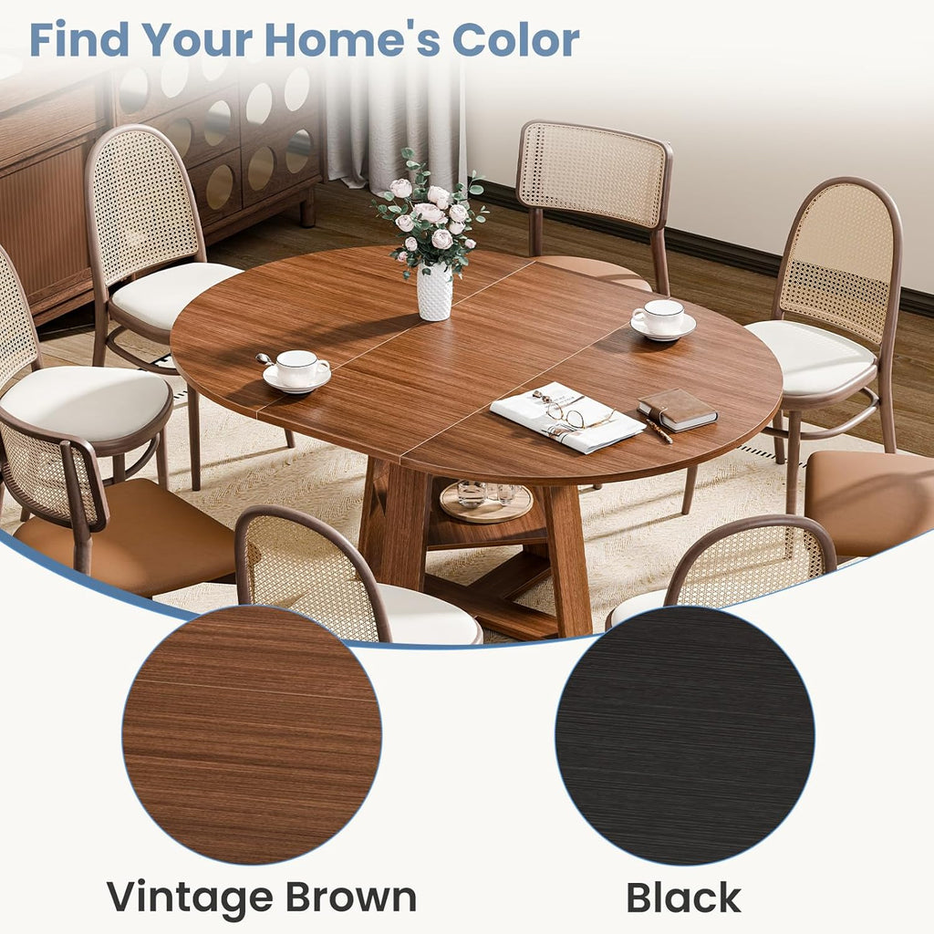 Extendable Round Dining Table for 4-8, Modern Kitchen Oval Dinner Table with Storage Shelf, Wood Pedestal Table, Space Saving Modern Style, Brown