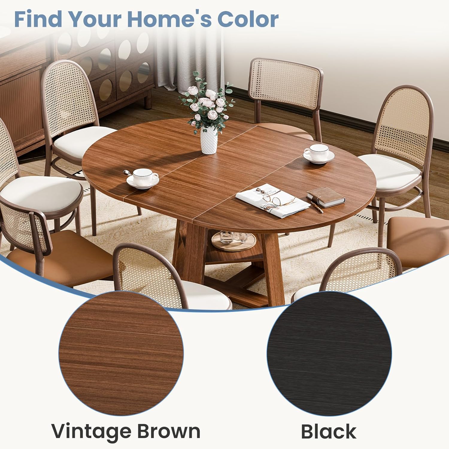 Extendable Round Dining Table for 4-8, Modern Kitchen Oval Dinner Table with Storage Shelf, Wood Pedestal Table, Space Saving Modern Style, Brown