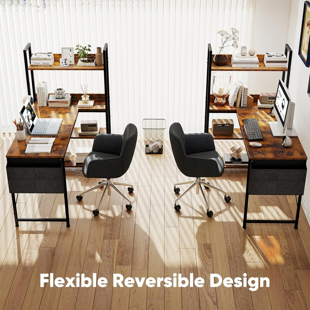 L Shaped Desk Corner Computer Table 47 Inch, L-Shaped Gaming Desks with Storage Shelf Reversible, Wood Tables with Side Bag Adjustable Feet for 2 Monitors Small Space Home Office Bedroom, Brown